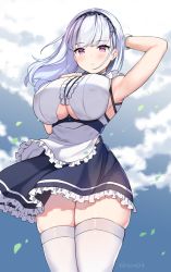 Rule 34 | 1girl, apron, arm up, armpits, artist name, azur lane, bare shoulders, black skirt, blush, breasts, closed mouth, clothing cutout, covered erect nipples, cowboy shot, dido (azur lane), frilled skirt, frills, hand on own chest, headdress, highres, kaetzchen, large breasts, long hair, looking at viewer, maid, maid apron, miniskirt, pink eyes, shirt, skindentation, skirt, sleeveless, sleeveless shirt, solo, thick thighs, thighhighs, thighs, underboob, underboob cutout, white hair, white shirt, white thighhighs, zettai ryouiki