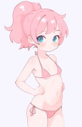 Rule 34 | 1girl, absurdres, bikini, blue eyes, commentary request, cowboy shot, hands on own hips, highres, korean commentary, lk149, long hair, looking at viewer, original, pink bikini, pink hair, ponytail, side-tie bikini bottom, simple background, solo, standing, swimsuit, white background