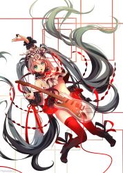 Rule 34 | 1girl, absurdly long hair, arm up, bad id, bad pixiv id, breasts, electric guitar, flower, guitar, hair flower, hair ornament, hatsune miku, headset, high heels, highres, instrument, long hair, marmaladica, midriff, nisoku hokou (vocaloid), open mouth, plectrum, project diva (series), project diva f 2nd, red thighhighs, skirt, solo, thighhighs, twintails, underboob, very long hair, vocaloid