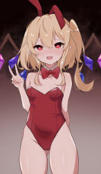 Rule 34 | 1girl, :d, absurdres, alternate costume, animal ears, arm behind back, bad hands, bare shoulders, blonde hair, blush, bow, bowtie, breasts, bright pupils, collarbone, commentary request, cowboy shot, crystal, detached collar, fake animal ears, fang, flandre scarlet, gluteal fold, gradient background, grey background, hair between eyes, hand up, highres, kamukamu 23, leotard, looking at viewer, no headwear, nose blush, one side up, open mouth, pointy ears, rabbit ears, red bow, red bowtie, red eyes, red leotard, short hair, simple background, small breasts, smile, solo, strapless, strapless leotard, tongue, touhou, v, white pupils, wings