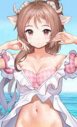 Rule 34 | 1girl, :o, ahoge, animal ears, arknights, armpits, arms up, bare shoulders, besmiled, bikini, blue sky, blush, breasts, brown hair, cleavage, collarbone, commentary request, day, eyjafjalla (arknights), eyjafjalla (summer flower) (arknights), goat ears, goat horns, highres, horizon, horns, long hair, looking at viewer, medium breasts, navel, ocean, off-shoulder bikini, off shoulder, official alternate costume, outdoors, parted lips, pink bikini, plaid, plaid bikini, ponytail, purple eyes, sky, solo, stomach, swimsuit, upper body, water, wet