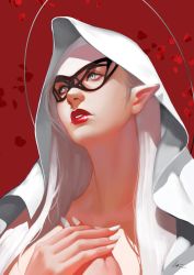 Rule 34 | 1girl, absurdres, cloak, fingernails, glasses, hands on own chest, highres, light, lipstick, long fingernails, long hair, looking up, lsr, makeup, nail polish, neck, original, pointy ears, red background, red lips, grey eyes, solo, upper body, white hair, white nails