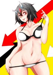 Rule 34 | 1girl, arrow (symbol), bikini, bikini pull, black hair, breasts, clothes pull, collarbone, commentary request, cowboy shot, curvy, germany, grey horns, hair between eyes, hip focus, horns, kijin seija, large breasts, looking at viewer, navel, neck, outline, potato pot, red eyes, red hair, shiny skin, short hair, sideways glance, skindentation, smile, solo, standing, swimsuit, thighs, tongue, tongue out, touhou, white background, white hair, wide hips