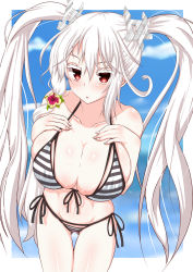 Rule 34 | :o, bare shoulders, bikini, breasts, cleavage, colored eyelashes, flower, hair flower, hair ornament, highres, kamikagami kagami, large breasts, leaning forward, long hair, looking at viewer, open mouth, red eyes, shibuya (sousei6756), solo, swimsuit, venus eleven vivid!, very long hair, white hair