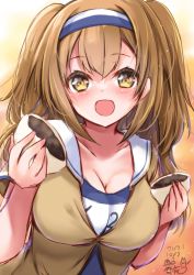 Rule 34 | 1girl, absurdres, artist name, black one-piece swimsuit, blush, breasts, brown eyes, cleavage, collarbone, dated, food, green jacket, hair between eyes, hairband, highres, holding, holding food, i-26 (kancolle), jacket, kantai collection, large breasts, light brown hair, long hair, mashiro yukiya, name tag, new school swimsuit, one-piece swimsuit, open mouth, school swimsuit, short sleeves, signature, smile, solo, swimsuit, two-tone hairband, two side up, upper body