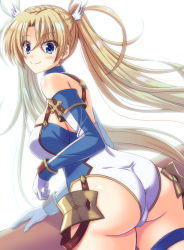 Rule 34 | 1girl, ass, backlighting, blonde hair, blue eyes, blue gloves, blue leotard, bradamante (fate), bradamante (first ascension) (fate), braid, closed mouth, commentary request, cowboy shot, dutch angle, elbow gloves, endori, fate/grand order, fate (series), from behind, gloves, leotard, long hair, looking at viewer, looking back, parted bangs, simple background, smile, solo, standing, thigh strap, twintails, two-tone leotard, very long hair, white background, white leotard
