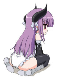 Rule 34 | black thighhighs, demon girl, gallico, gyakushuu 3, horns, pointy ears, purple hair, red eyes, simple background, sitting, solo, tagme, thighhighs, white background