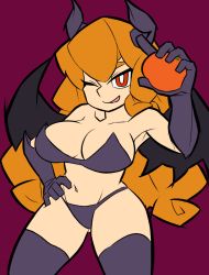 Rule 34 | 1girl, azusa (cookie), bikini, black bikini, black gloves, black thighhighs, black wings, breasts, cleavage, commentary request, cookie (touhou), cowboy shot, demon girl, demon horns, demon wings, elbow gloves, food, fruit, gloves, highres, holding, holding food, holding fruit, horns, jijii (nicoseiga91467756), kirisame marisa, large breasts, long hair, looking at viewer, mandarin orange, one eye closed, open mouth, orange (fruit), orange eyes, orange hair, parody, purple background, scotch (cookie) (style), simple background, smile, solo, strapless, strapless bikini, style parody, swimsuit, thighhighs, touhou, wings