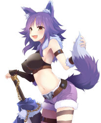 Rule 34 | 1girl, :d, animal ear fluff, animal ears, arm belt, arm strap, armpits, bare shoulders, belt, between breasts, black shirt, blouse, blush, breasts, brown belt, chain, commentary request, covered erect nipples, cowboy shot, fur-trimmed shorts, fur trim, highres, holding tail, large breasts, leg belt, long hair, looking at viewer, makoto (princess connect!), midriff, mofu namako, navel, open mouth, planted, planted sword, planted weapon, princess connect!, purple hair, purple shorts, shirt, shorts, sidelocks, simple background, sleeveless, sleeveless shirt, smile, solo, standing, stomach, sword, tail, teeth, thigh strap, upper teeth only, v-shaped eyebrows, vambraces, weapon, white background, wolf ears, wolf girl, wolf tail, yellow eyes