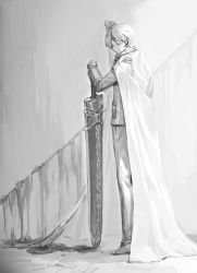 Rule 34 | 1boy, absurdres, blood, carol0905, chain, cloak, closed eyes, earphones, expressionless, formal, full body, greatsword, greyscale, highres, holding, holding sword, holding weapon, library of ruina, microphone, monochrome, pool of blood, project moon, side ponytail, solo, standing, suit, sword, weapon, yan vismok