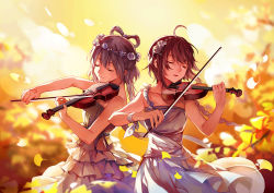 Rule 34 | 2girls, ahoge, bare shoulders, braid, breasts, character request, collarbone, dress, closed eyes, feng you, flower, flower wreath, hair flower, hair ornament, instrument, long hair, luo tianyi, multiple girls, music, petals, playing instrument, single braid, small breasts, violin, vocaloid, vocanese, yuezheng ling