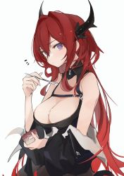 Rule 34 | 1girl, arknights, black dress, black jacket, blush, breasts, cleavage, closed mouth, commentary, demon horns, dress, expressionless, food, food on body, food on breasts, hair between eyes, highres, holding, holding food, holding spoon, horns, ice cream, ice cream spoon, jacket, large breasts, long hair, looking at viewer, mikozin, notice lines, off-shoulder dress, off shoulder, open clothes, open jacket, purple eyes, red hair, simple background, solo, spill, spoon, surtr (arknights), white background