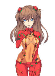 Rule 34 | 00s, 1girl, blue eyes, bodysuit, brown hair, covered navel, curvy, evangelion: 2.0 you can (not) advance, hand on thigh, highres, long hair, multicolored clothes, neon genesis evangelion, plugsuit, rebuild of evangelion, red bodysuit, ryusuke1234, see-through, see-through bodysuit, shiny clothes, simple background, solo, souryuu asuka langley, standing, test plugsuit, very long hair, wide hips