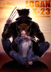 Rule 34 | 10s, 1boy, 1girl, animification, back-to-back, bad id, bad pixiv id, black hair, blood, blood on clothes, bloody weapon, claw (weapon), father and daughter, jacket, kkmi, logan (movie), looking at viewer, manly, marvel, off shoulder, sitting, weapon, wolverine (x-men), x-23, x-men