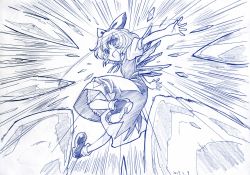 Rule 34 | 1girl, blue background, blue theme, cirno, dated, highres, ice, monochrome, sakino shingetsu, short hair, sketch, solo, embodiment of scarlet devil, touhou, traditional media, wings