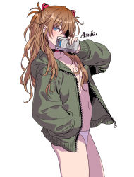 Rule 34 | 1girl, absurdres, bare legs, blue eyes, blush, breasts, brown hair, character name, cleavage, cowboy shot, evangelion: 3.0+1.0 thrice upon a time, eyepatch, game boy, game boy (original), green jacket, hair ornament, hand in pocket, handheld game console, highres, holding, hood, hood down, hooded jacket, interface headset, jacket, long hair, long sleeves, looking at viewer, navel, neon genesis evangelion, no bra, official art, one eye covered, open clothes, open jacket, panties, rebuild of evangelion, simple background, small breasts, solo, souryuu asuka langley, two side up, underwear, unzipped, white background, white panties, yamashita shun&#039;ya, zipper pull tab