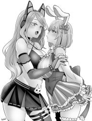 Rule 34 | 2girls, animal ear headphones, animal ears, arms behind back, breasts, bunny ayumi, bunny ayumi (vtuber), butcha-u, cat ear headphones, cleavage, commission, fake animal ears, greyscale, headphones, highres, indie virtual youtuber, large breasts, long hair, midriff, monochrome, multiple girls, navel, open mouth, rabbit ears, second-party source, short hair, silvervale, single thighhigh, thighhighs, virtual youtuber, white background, yuri