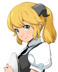 Rule 34 | 10s, 1girl, aletta, blonde hair, dress, enami katsumi, from side, green eyes, horns, isekai shokudou, long hair, looking at viewer, pinafore dress, ponytail, puffy sleeves, simple background, sleeveless dress, smile, solo, tray, white background