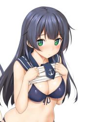 Rule 34 | 10s, 1girl, agano (kancolle), black bra, black hair, blush, bra, breasts, cleavage, clothes lift, female focus, front-tie top, green eyes, jpeg artifacts, kantai collection, large breasts, lifted by self, long hair, looking at viewer, necktie, shirt lift, simple background, solo, swimsuit, takayaki, underwear