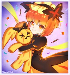 Rule 34 | 1girl, artist name, back bow, bow, bright pupils, butterfly hair ornament, child, closed mouth, cookie run, ghost, hair ornament, highres, humanization, juliet sleeves, long sleeves, orange eyes, orange hair, personification, puffy sleeves, pumpkin pie cookie, purple background, short hair, smile, solo, stuffed animal, stuffed toy, ubi (ekdus6080), upper body