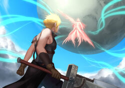Rule 34 | 2boys, armor, blonde hair, blue sky, brown gloves, cloud, cloud strife, cloudy sky, cowboy shot, eilinna, fighting stance, final fantasy, final fantasy vii, final fantasy vii advent children, flying, from behind, fusion swords, gloves, holding, holding sword, holding weapon, lifestream, looking at another, male focus, meteor, multiple boys, multiple wings, outdoors, safer sephiroth, sephiroth, shirt, short hair, shoulder armor, single bare shoulder, sky, sleeveless, sleeveless shirt, spiked hair, sword, waist cape, weapon, wings