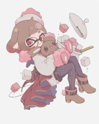 Rule 34 | 1girl, belt, bow, brown footwear, brown hair, buneary, cape, creatures (company), dress, from side, full body, game freak, gen 4 pokemon, glasses, highres, inkling, inkling girl, inkling player character, long sleeves, looking at viewer, matsushita (matsudbox), nintendo, pantyhose, pink eyes, pointy ears, pokemon, pokemon (creature), pot, purple dress, purple pantyhose, red bow, red dress, shirt, shoes, short hair, simple background, sitting, splatoon (series), striped clothes, striped pantyhose, sugar cube, twitter username, vertical-striped clothes, vertical-striped pantyhose, white background, white headwear, white shirt