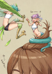 Rule 34 | 2girls, aqua hair, armpits, bad id, bad pixiv id, bangle, blush, bracelet, breasts, brown hair, feathered wings, feathers, fighting, green eyes, harpy, jewelry, lamia, medium breasts, midriff, mini person, minigirl, monster girl, multiple girls, navel, nucomas, open mouth, original, ponytail, purple hair, scales, short hair, short shorts, shorts, sitting, sitting on head, sitting on person, skindentation, tail, talons, tank top, thighs, translated, winged arms, wings