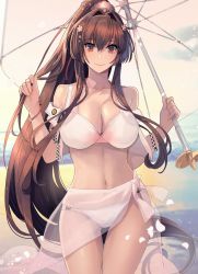 Rule 34 | 1girl, beach, bikini, breasts, brown eyes, brown hair, cleavage, closed mouth, collarbone, hair between eyes, hair intakes, headgear, highres, holding, holding own hair, kantai collection, kasumi (skchkko), large breasts, long hair, looking at viewer, navel, official alternate costume, outdoors, ponytail, propeller, sarong, smile, solo, swimsuit, umbrella, very long hair, white bikini, yamato (kancolle), yamato kai ni (kancolle)