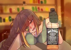 Rule 34 | absurdres, bad source, black gloves, blush, bottle, braid, brown eyes, brown hair, eyepatch, full-face blush, girls&#039; frontline, gloves, green shirt, highres, jack daniel&#039;s, long hair, looking at viewer, m16a1 (girls&#039; frontline), mole, mole under eye, open mouth, shirt, solo, source request, table, tank top, wine bottle