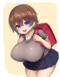 Rule 34 | 1girl, :d, backpack, bag, black skirt, border, bouncing breasts, breasts, brown hair, brown shirt, collarbone, commentary, cowboy shot, curvy, hair between eyes, hanging breasts, happy, highres, holding strap, huge breasts, large breasts, leaning forward, looking at viewer, miniskirt, motion lines, open mouth, oppai loli, original, outside border, purple eyes, randoseru, shirt, short hair, short sleeves, shortstack, simple background, skirt, smile, solo, standing, thighs, watari1118, wide hips, yellow background
