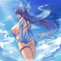 Rule 34 | 1girl, absurdres, ass, bikini, blue bikini, blue eyes, blue gloves, blue hair, blue sky, breasts, brighid (xenoblade), bubble, calmgreentori, closed eyes, cloud, commentary request, elbow gloves, fiery hair, from side, gloves, gradient hair, highres, large breasts, long hair, multicolored hair, outdoors, sky, smile, solo, swimsuit, thigh strap, wading, xenoblade chronicles (series), xenoblade chronicles 2