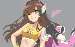 Rule 34 | 1girl, bare shoulders, breasts, closed mouth, commentary, d.va (overwatch), english commentary, facial mark, floating hair, gloves, grey background, hand on own hip, headphones, heart, holding, jacket, unworn jacket, long hair, looking at viewer, medium breasts, one eye closed, overwatch, overwatch 1, pink jacket, simple background, smile, solo, sports bra, tonee, upper body