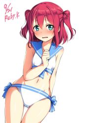 Rule 34 | 1girl, arm behind back, bare arms, bikini, blue bow, blue sailor collar, blush, bow, character name, cowboy shot, dated, flat chest, gluteal fold, green eyes, hand up, kurosawa ruby, looking at viewer, love live!, love live! sunshine!!, navel, nose blush, open mouth, parted lips, red hair, sailor bikini, sailor collar, satou kuuki, side-tie bikini bottom, signature, simple background, solo, swimsuit, tears, thigh gap, twintails, two side up, white background, white bikini