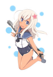 Rule 34 | 10s, 1girl, :d, ahoge, blonde hair, blue eyes, blush, covered navel, crop top, flower, hair flower, hair ornament, japanese flag, kantai collection, kugui kiyunemu, long hair, one-piece tan, open mouth, ro-500 (kancolle), school swimsuit, school uniform, serafuku, slippers, smile, solo, swimsuit, swimsuit under clothes, tan, tanline, thighs, tongue, torpedo