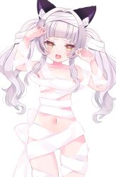 Rule 34 | 1girl, alternate costume, alternate hairstyle, animal ears, blunt bangs, blush, breasts, collarbone, commentary request, grey hair, highres, hololive, long hair, looking at viewer, mummy costume, murasaki shion, navel, paw pose, pochiwan1108, simple background, small breasts, solo, virtual youtuber, white background, yellow eyes