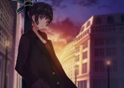 Rule 34 | 1girl, backlighting, black coat, black hair, blurry, blurry background, blush, breasts, building, buttons, cleavage, closed mouth, cloud, cloudy sky, coat, commentary request, depth of field, earrings, expressionless, gradient sky, hair intakes, hand in pocket, hoop earrings, jewelry, kusaka kou, lamppost, leaning on object, long coat, long sleeves, looking at viewer, mole, mole under eye, necklace, open clothes, open coat, original, outdoors, purple eyes, red shirt, shirt, short hair, sidelocks, sign, sky, solo, sunlight, twilight, wing collar