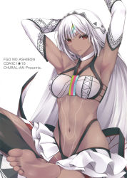 Rule 34 | 1girl, absurdres, altera (fate), apron, armpits, arms up, bare shoulders, barefoot, bikini, bikini bottom only, black bikini, black socks, blouse, blunt bangs, breasts, cleavage, closed mouth, collar, dark-skinned female, dark skin, expressionless, fate/grand order, fate (series), feet, frilled skirt, frills, green background, head tilt, headpiece, highres, kneehighs, large breasts, layered skirt, long hair, looking at viewer, mismatched bikini, navel, red eyes, revealing clothes, ruton-niki, scan, shirt, showgirl skirt, silver hair, simple background, skirt, socks, soles, solo, stomach, swimsuit, tattoo, thong bikini, toes, toned, veil, very long hair, waist apron, white background, white bikini, white shirt, white skirt