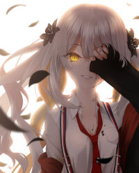 Rule 34 | 1girl, backlighting, breasts, dark persona, dress shirt, fate/grand order, fate (series), grey hair, highres, jacket, long hair, long sleeves, looking at viewer, marie antoinette (alter) (fate), marie antoinette (fate), oriuo q, shirt, smile, solo, tears, twintails, yellow eyes