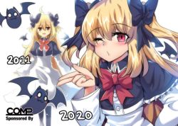 Rule 34 | 1girl, 2011, 2020, :d, ahoge, artist progress, bat (animal), black bow, blank eyes, blonde hair, blowing kiss, blush, bow, bowtie, commentary, comparison, dress, english commentary, hair between eyes, hair bow, highres, hinghoi, long sleeves, multiple views, one eye closed, open mouth, original, red bow, red eyes, sidelocks, smile, two side up, white dress
