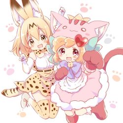 Rule 34 | 10s, 2girls, :3, :d, animal ears, animal hands, animal hat, animal print, ankle boots, anyamal tantei kirumin zoo, arm up, bare shoulders, bell, black ribbon, blue bow, blush, blush stickers, boots, bow, bowtie, brown eyes, cat ears, cat hat, cat paws, cat tail, clenched hands, collar, cross-laced clothes, crossover, dot nose, dress, elbow gloves, eyelashes, footwear ribbon, full body, fur-trimmed dress, fur trim, gloves, hand up, hands up, hanzawa kaori, hat, hat bow, high-waist skirt, jumping, kemono friends, knees together feet apart, legs up, looking at viewer, mikogami riko, multiple girls, neck bell, neck ribbon, o o, open mouth, orange hair, paw pose, paw print, paw print background, pink dress, print bow, print bowtie, print gloves, print neckwear, print skirt, purple eyes, purple ribbon, ribbon, serval (kemono friends), serval print, serval tail, shirt, short hair, skirt, sleeveless, sleeveless shirt, smile, striped tail, tail, tareme, thighhighs, trait connection, white background, white footwear, white shirt, zettai ryouiki