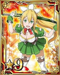 Rule 34 | 10s, 1girl, blonde hair, breasts, card (medium), cleavage, gloves, green eyes, green skirt, hair between eyes, hair ornament, high ponytail, holding, holding sword, holding weapon, large breasts, leafa, leaning forward, long hair, looking at viewer, neck ribbon, open mouth, pleated skirt, pointy ears, red ribbon, ribbon, skirt, solo, star (symbol), sword, sword art online, thighhighs, weapon, white gloves, white thighhighs