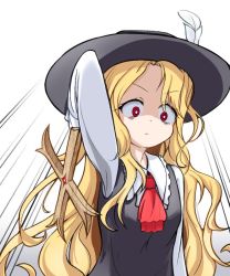 Rule 34 | 1girl, ascot, black hat, black vest, blonde hair, breasts, closed mouth, collared shirt, cross, fedora, frilled shirt collar, frills, hat, hat feather, holding, holding cross, jacket girl (dipp), long hair, long sleeves, red ascot, red eyes, shirt, simple background, small breasts, solo, subterranorm, touhou, upper body, v-shaped eyebrows, very long hair, vest, wavy hair, white background, white shirt