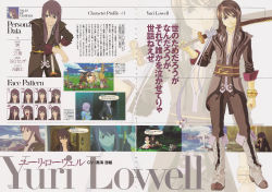 Rule 34 | 00s, 1boy, 2girls, absurdres, boots, character name, character sheet, fujishima kousuke, highres, knee boots, male focus, multiple girls, official art, over shoulder, scan, sword, sword over shoulder, tales of (series), tales of vesperia, weapon, weapon over shoulder, white background, yuri lowell