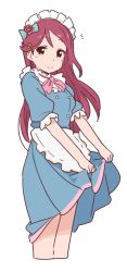 Rule 34 | 10s, 1girl, apron, blush, bow, clothes lift, cropped legs, dress, dress lift, hair ornament, hairclip, highres, kasa list, long hair, looking at viewer, love live!, love live! school idol festival, love live! sunshine!!, maid, maid apron, maid headdress, red hair, sakurauchi riko, simple background, smile, solo, standing, waist apron, white background, yellow eyes