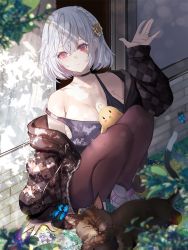 Rule 34 | 1girl, alternate costume, azur lane, bare shoulders, black cat, black jacket, black shirt, blouse, braid, breasts, bug, butterfly, cat, cleavage, closed eyes, closed mouth, full body, hair ornament, hand up, highres, insect, jacket, jewelry, large breasts, long sleeves, looking at viewer, manjuu (azur lane), off shoulder, open clothes, open jacket, outdoors, pantyhose, purple pantyhose, red eyes, ring, runa (user guwn7382), shirt, shoes, short hair, sirius (azur lane), sitting, sleeveless, sleeveless shirt, smile, sneakers, white footwear, white hair