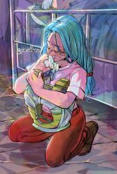 Rule 34 | 1boy, 1girl, amartbee, armor, bed, blue hair, broken armor, bulma, bulma (future), clenched teeth, closed eyes, commentary, crying, dragon ball, dragonball z, english commentary, gloves, grey hair, holding, holding clothes, holding gloves, kneeling, long hair, low-tied long hair, mother and son, pants, red pants, saiyan armor, shirt, streaming tears, tears, teeth, trunks (dragon ball), trunks (future) (dragon ball), twitter username, white shirt