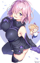 Rule 34 | 2girls, :3, animal ears, antenna hair, armor, ass, bare shoulders, black armor, blonde hair, blue skirt, blush, breastplate, breasts, cat ears, cat tail, closed mouth, commentary request, dated, elbow gloves, fate/grand order, fate (series), gauntlets, gloves, hair over one eye, highres, large breasts, light purple hair, looking at viewer, mash kyrielight, melty blood, melty blood: type lumina, multiple girls, neco-arc, nozomi tsubame, one eye covered, open mouth, purple eyes, purple gloves, red eyes, shirt, short hair, size difference, skirt, smile, tail, tsukihime, tsukihime (remake), twitter username, white shirt