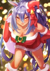 Rule 34 | 1girl, animal ears, bare shoulders, bell, blue hair, blurry, blurry background, bokeh, boots, bow, breasts, christmas, cleavage, dark-skinned female, dark skin, depth of field, dress, ear covers, eve on k, fang, fur-trimmed dress, fur-trimmed footwear, fur-trimmed gloves, fur-trimmed headwear, fur trim, gloves, green bow, hair bell, hair between eyes, hair bow, hair ornament, hand on own hip, hat, highres, hishi amazon (umamusume), holding, holding sack, horse ears, horse girl, horseshoe ornament, jingle bell, large breasts, leaning forward, long hair, looking at viewer, mini hat, mini santa hat, open mouth, red bow, red eyes, red footwear, red gloves, red hat, sack, santa dress, santa hat, single ear cover, smile, solo, thighs, umamusume, very long hair