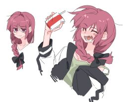 Rule 34 | 1girl, alcohol carton, black bow, black jacket, blush, bocchi the rock!, bow, braid, closed eyes, closed mouth, commentary, drink, drunk, fang, green shirt, hair bow, hashtag-only commentary, highres, hiroi kikuri, holding, holding drink, jacket, long hair, molu stranger, multiple views, open mouth, pink hair, purple eyes, ringed eyes, saliva, shirt, simple background, single braid, white background
