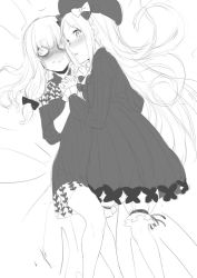 Rule 34 | 2girls, abigail williams (fate), bags under eyes, black dress, deras, dress, fate/grand order, fate (series), greyscale, hair ribbon, hat, holding hands, lavinia whateley (fate), long hair, monochrome, multiple girls, ribbon, sketch